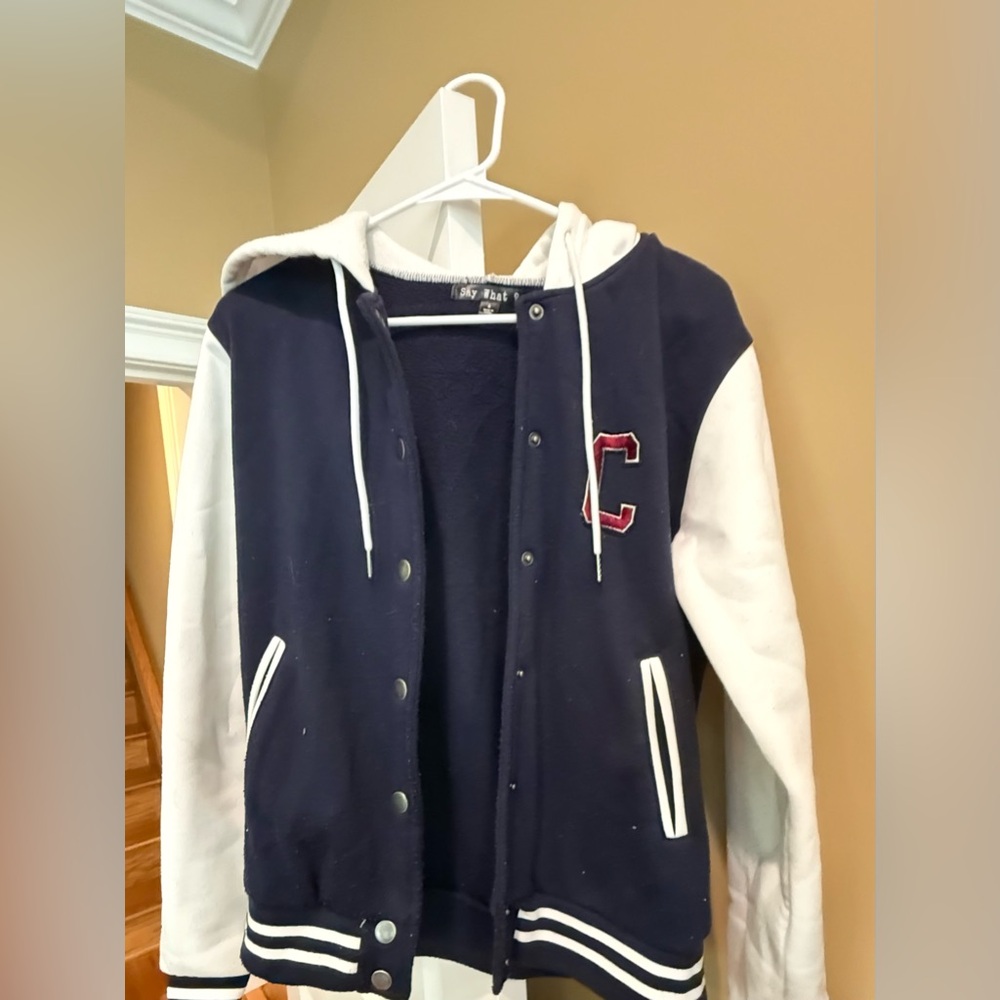 Say What? Navy and White Varsity Jacket with Red Patch “C”